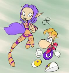 1girls blonde_hair bodysuit cameltoe female ly_(rayman) nude png pointy_ears purple_hair pussy rasenxoru rayman rayman_(series) signature small_breasts tail tattoo