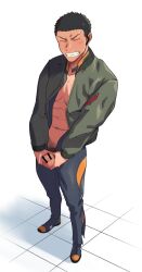 2022 airpods balls black_hair blush blush_lines closed_eyes clothed clothing flaccid flaccid_penis gay green_jacket grin jacket kemukemuke male male_focus male_only muscle muscles pants penis pubic_hair simple_background solo spiky_hair teeth testicles yaoi