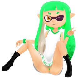 boots bottomless bracelet dress female green_hair inkling nintendo peace_sign pointy_ears pussy rasenxoru smile solo splatoon spread_legs transparent_background wink