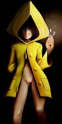 aged_up barefoot black_hair bottomless casual clothing coat exposed_pussy female hair_over_eyes hood human lighter little_nightmares outerwear pale_skin pussy raincoat rasenxoru six_(little_nightmares) solo yellow_clothing