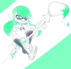 bottomless brush cute_fang english_text female green_hair ink inkling nintendo paintbrush pointy_ears rasenxoru shoes solo splatoon t-shirt thighhighs wide_hips wink