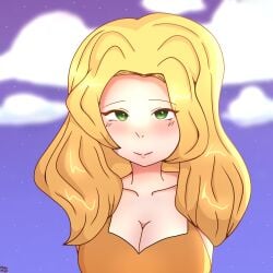 amber/sophia_(my_story_animated) artist_name blonde_female blonde_hair blush blush_lines cleavage cloud female green_eyes highres mikumiyo milf my_story_animated night seductive seductive_smile self_upload simple_background wavy_hair youtube