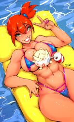 1girls abs aleksandrgav asymmetrical_hair bikini blue_bikini blue_swimsuit breasts creatures_(company) female game_freak green_eyes gym_leader highres huge_breasts kasumi_(pokemon) large_breasts legs looking_at_viewer muscular navel nintendo pokemon pokemon_(game) pokemon_rgby ponytail short_ponytail side_ponytail simple_background solo swimsuit thick_thighs thighs togepi v young