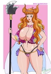 1girls big_breasts big_lips big_thighs bikini boa_marigold brown_eyes cape female female_only flower_crown flower_necklace greenlove huge_breasts one_piece orange_hair pattern_topwear redesign solo solo_female standing wavy_hair weapon wide_hips wide_thighs