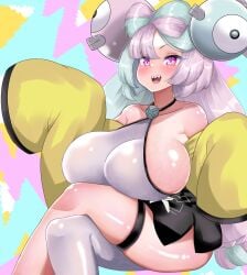 1girls alternate_breast_size big_breasts breasts eye_contact female female_only fully_clothed gym_leader iono_(pokemon) kua_ye legwear_only leotard looking_at_viewer nintendo pokemon pokemon_sv sharp_teeth shiny_skin solo two_tone_hair