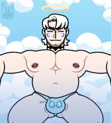 1boy alternate_version_available angel bara chubby closed_eyes halo jhonatan_(maxbangchan) looking_at_viewer moobs narrowed_eyes nipple_piercing nipples original original_character pecs penis spread_legs tearing_clothes the_ornyrabi77 therabit thong torn_clothes torn_clothing white_hair