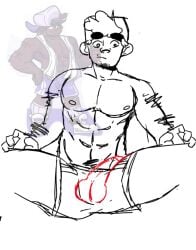 1boy alternate_version_available balls bulge erection kisaxer! male male_focus male_only pecs penis ramses_jackson reference_image shorts sketch testicles unfinished