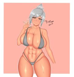 1girls abs bikini blush cameltoe heart-shaped_pupils huge_breasts large_breasts league_of_legends looking_at_viewer pulling_clothing riven rivenisbae simple_background solo suggestive_look sweat sweatdrop sweating thick_thighs white_hair