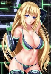 1girls armwear big_breasts bikini black_and_green_bikini black_armwear black_bikini black_legwear blonde_hair blue_eyes bra female fuzzlogik legwear light-skinned_female light_skin long_hair neptunia_(series) panties solo vert