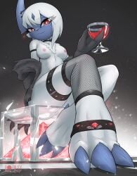 absol anklewear anthro anthrofied armband breasts choker clothing female fishnet_legwear fishnets hair holding_glass looking_at_viewer nude piercing pokémon_(species) pokemon pokemon_(species) pussy rilex_lenov smile solo thigh_strap