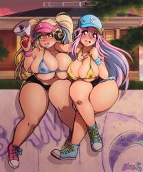 2girls areola areola_slip areolae areolae_peeking areolae_visible_through_clothing baseball_cap big_breasts bikini bikini_top blonde_hair bluesupersonic blush blushing_at_partner blushing_at_viewer blushing_profusely booty_shorts breast_press breast_squish breasts chubby chubby_female college female female_only graffiti headphones huge_breasts huge_nipples huge_thighs large_breasts micro_bikini necklace necklace_between_breasts nipple_bulge nipples nipples_visible_through_clothing nitroplus ombre_hair pink_eyes pink_hair pink_nipples short_shorts shorts shortstack slightly_chubby sunset super_pochaco super_sonico tanline tanned tanned_female tanned_skin twintails visor wide_hips yellow_eyes