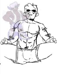 1boy alternate_version_available bulge erection kisaxer! male male_focus male_only pecs ramses_jackson reference_image shorts sketch unfinished