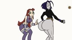 2girls animated ass ass_expansion ass_vs_breasts big_breasts bottom_heavy bouncing_breasts breast_expansion breasts covered_nipples dc dc_comics female_only huge_ass huge_breasts multiple_girls purple_hair raven_(dc) red_hair starfire tail-blazer teen_titans