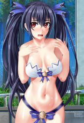 1girls belly_button black_hair bra embarrassed female fuzzlogik light-skinned_female light_skin neptunia_(series) noire red_eyes ribbon ribbon_panties solo twintails