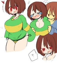 2d 2girls blush breast_grab busty chara color colored cute edit female female_only frisk half-closed_eyes large_breasts light-skinned_female light_skin multiple_girls necklace pale-skinned_female pale_skin petronoise simple_background toby_fox undertale undertale_(series)