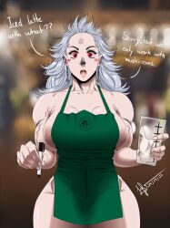 1girls apron apron_only artist_request cleavage confused dorohedoro female female_only iced_latte_with_breast_milk large_breasts looking_at_viewer meme muscular_female noi_(dorohedoro) red_eyes silver_hair solo solo_female source_request starbucks talking_to_viewer white_hair