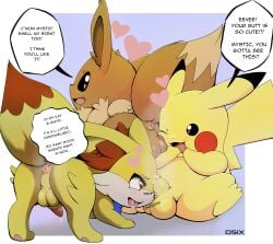 <3_eyes absurd_res anus ass ball_sniffing balls blush blush_lines bodily_fluids dialogue dipstick_ears dripping dsub9 eevee fennekin feral foreskin generation_1_pokemon generation_6_pokemon genital_fluids genitals group half-erect heart hi_res male male/male multicolored_ears nintendo penis pikachu pokemon pokemon_(species) precum precum_drip presenting presenting_anus presenting_balls presenting_hindquarters presenting_penis scentplay sniffing sniffing_penis speech_bubble text trio video_games