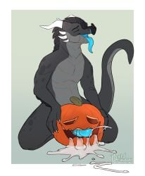 anthro bodily_fluids boldbeaux cum cum_drip cum_pool cumshot dragon dripping ejaculation food fruit fucking_pumpkin genital_fluids genitals halloween hi_res holidays jack-o'-lantern male masturbation orgasm penis plant pumpkin solo tongue tongue_out xero_(captainscales)