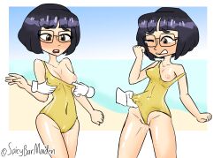 black_hair breasts_out cameltoe glasses glasses_yanagi_(spicybarmaiden) one-piece_swimsuit short_hair spicybarmaiden swimsuit undressing_another wedgie yellow_swimsuit