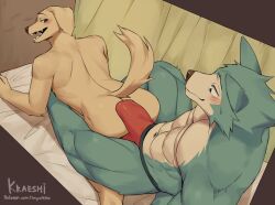 2022 abs anthro anthro_on_anthro ass beastars big_penis biped bird_dog blush bodily_fluids brown_eyes bulge canid canine canis clothed clothing detailed_bulge digital_media_(artwork) domestic_dog duo erection erection_under_clothing fur gakujo gay genital_outline genitals green_body green_fur hi_res hunting_dog interspecies jack_(beastars) labrador legoshi_(beastars) looking_back male male/male male_only mammal multicolored_body multicolored_fur muscular muscular_anthro muscular_male navel pecs penis penis_outline retriever smile sweat tally_marks tan_body tan_fur two_tone_body two_tone_fur wolf yellow_body yellow_fur