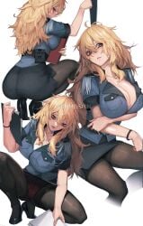 1girls ass bangs big_breasts black_legwear blonde_hair blush bracelet bracer breasts cleavage clenched_teeth clipboard epaulettes female female_focus female_only hair_between_eyes head_tilt holding holding_clipboard holding_object jewelry large_breasts light-skinned_female light_skin long_hair looking_at_viewer looking_back messy_hair miniskirt multicolored_eyes only_female original panties pantyhose paper pencil_skirt picking_up police police_uniform policewoman short_sleeves sitting skirt solo solo_female solo_focus squatting teeth tunamayo_(dsasd751) uniform