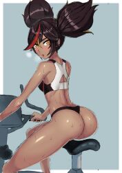 1girls alternate_version_available amber_eyes ass big_ass black_hair black_thong blush bottomwear breasts dark-skinned_female dark_skin dat_ass exercise_bike female female_only genshin_impact gym_uniform hair huge_ass jeaike solo solo_female spiked_hair sweat sweatdrop tank_top thong topwear xinyan_(genshin_impact)