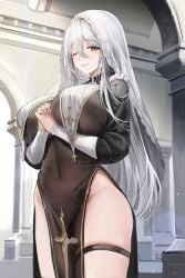 1girls absurd_res bangs blush breast_curtains breasts cleavage cross female female_only habit highres huge_breasts light-skinned_female light_skin lillly long_hair looking_at_viewer nun one_eye_closed pelvic_curtain smile solo