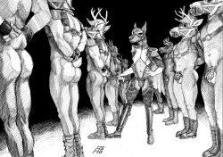 2022 anthro antlers ass balls bondage boots bottomwear bulge canid canine canis cervid cervine chaps chastity_cage chastity_device clothed clothing cuffs_(clothing) discipline dobermann domestic_dog dominant dominant_male eyewear footwear gas_mask genitals gloves goggles group hands_behind_back handwear harness hat headgear headwear hi_res horn legwear male mammal mask momamo multiple_subs_one_dom muscular muscular_anthro muscular_male partially_clothed pinscher riding_crop simple_background size_difference small_dom_big_sub solo_focus standing standing_at_attention standing_in_line submissive submissive_male traditional_media_(artwork) training uniform whip