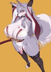 2d 2d_(artwork) absurd_res alternate_costume alternate_version_available anthro armpit_hair armpits arms_up armsleeves big_ass big_breasts body_writing cervina7_(artist) cervina_(cervina7) furry grey_fur highres huge_breasts japanese_clothes japanese_text katana long_hair looking_at_viewer original original_character pubic_hair samurai slutty_outfit stockings tagme thick_thighs thighhighs voluptuous wolf_ears wolf_girl wolf_tail