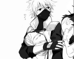 1boy 1girls bandages blush breasts cleavage female fingerless_gloves genderswap_(mtf) gloves hatake_kakashi large_breasts looking_at_another male monochrome naruto naruto_(series) naruto_shippuden naruto_shipuuden rule_63 shirt torn_clothes torn_shirt uchiha_obito vest