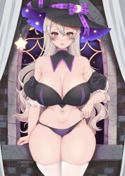 1girls alternate_costume bare_thighs beauty_mark black_panties bra breasts cleavage corrin_(female)_(halloween)_(fire_emblem) corrin_(fire_emblem) corrin_(fire_emblem)_(female) cryptid_crab earrings female female_only fire_emblem fire_emblem_fates fire_emblem_heroes grey_hair halloween halloween_costume hat indoors large_breasts looking_at_viewer mole mole_on_breast night nintendo official_alternate_costume panties pointy_ears purple_panties red_eyes smile solo teasing thick_thighs thighhighs thighs underwear window witch witch_hat