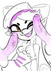 1girls 2boys big_penis blush callie_(splatoon) clothed_female_nude_male female inkling iseenudepeople male nintendo one_eye_closed penis smile splatoon squid_sisters veiny_penis