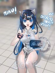 1girls blue_eyes blue_hair blush breasts cat_ears cat_tail catgirl fangs feline hair kerfuś kerfuś_female polish_text robot_girl sitting sitting_on_floor sitting_on_ground smile solo text