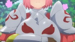 1girls 2022 animated anime armor bikini bouncing_breasts breast breastplate english_text female female_focus female_only futoku_no_guild hanabata_nohkins jiggling_breasts knight large_breasts pink_hair screencap taking_off_armor text tnk_(company) under_armour