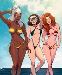 3girls anna_marie arm_up beach bikini danusko dark-skinned_female dark_skin electricity eyewear_on_head female female_only happy_female jean_grey long_hair looking_at_viewer marvel marvel_comics no_pupils ororo_munroe puffy_hair redhead rogue_(x-men) slight_blush slim slim_figure storm_(x-men) sunglasses sunglasses_on_head swimsuit tagme thin thin_female two_tone_hair two_tone_hair_(brownandwhite) white_hair x-men