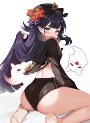 1girls ass bare_legs barefoot blush booty_shorts bubble_butt cosplay crossover feet female genshin_impact ghost hat hololive hololive_english hololive_myth hu_tao_(genshin_impact)_(cosplay) kneeling koahri large_ass light-skinned_female light_skin long_hair ninomae_ina'nis outfit_swap pointy_ears purple_hair short_shorts shorts soles thighs virtual_youtuber