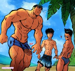 3boys ass back_muscles bara batman_(series) beach black_glasses black_hair blue_boxers blue_eyes blue_eyes_male blue_shorts blue_speedo boner boxers boxers_(clothing) bubble_ass bubble_butt butt clark_kent damian_wayne dc dc_comics dilf erect_penis erection foreskin glasses green_eyes green_eyes_male hard_on jon-el jonathan_kent kal-el light-skinned_male light_skin looking_over_eyewear looking_over_glasses looking_over_sunglasses male male_only muscles muscular muscular_male outdoors outside palm_tree penis_through_leghole phausto precum precum_drip robin_(damian_wayne) robin_(dc) shorts speedo spiked_hair spiky_hair sunglasses superboy superboy_(jonathan_kent) superhero superman superman_(clark_kent) superman_(series) supersons teen_boy tinted_eyewear uncut veiny_penis wet wet_body wet_skin