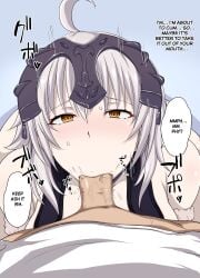 1boy 1girls :>= ahoge armor bangs bare_shoulders blowjob blush breasts censored cleavage commentary_request dress english_text eyebrows_visible_through_hair fate/grand_order fate_(series) fellatio female fur_trim gloves headpiece japanese_text jeanne_alter jeanne_d'arc_(fate) large_breasts large_penis light-skinned_female light_skin long_hair male_pov mokichi_(nvzy3n) mosaic_censoring penis pov precum saliva scowl shiny shiny_skin short_hair silver_hair solo_focus sound_effects sweatdrop talking twitching_penis underwear upper_body viewed_from_above yellow_eyes