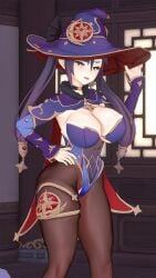 1girls 3d big_breasts breasts cleavage female female_only genshin_impact large_breasts looking_at_viewer mona_(genshin_impact) solo stalkek thick_thighs tight_clothing