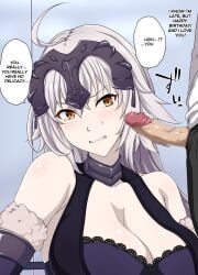 1boy 1girls ahoge angry armor bangs bare_shoulders blush breasts censored cleavage clenched_teeth commentary_request dress english_text erection eyebrows_visible_through_hair fate/grand_order fate_(series) female fur_trim gloves headpiece japanese_text jeanne_alter jeanne_d'arc_(fate) large_breasts large_penis light-skinned_female light_skin long_hair looking_at_penis mokichi_(nvzy3n) mosaic_censoring penis scowl shiny shiny_skin short_hair silver_hair solo_focus sound_effects sweatdrop talking teeth twitching_penis underwear upper_body v-shaped_eyebrows yellow_eyes