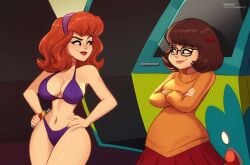 2girls arms_crossed arms_crossed_over_breasts bikini blush brown_hair casual clothed clothed_female clothing daphne_blake female glasses hands_on_hips looking_at_each_other magaska19 mystery_inc mystery_machine pale_skin patreon_url red_hair redraw scooby-doo scooby-doo!_mystery_incorporated short_brown_hair short_hair short_red_hair sunscreen velma_dinkley