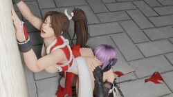 2girls 3d asian asian_female ass ass_grab ayane_(doa) big_ass big_breasts brown_hair closed_eyes cunnilingus dead_or_alive enslaverofhumanity fan fatal_fury hand_on_ass headband japanese japanese_clothes king_of_fighters kunoichi lesbian lesbian_sex lesbians looking_pleasured mai_shiranui makeup moaning moaning_in_pleasure ninja panties_on_floor ponytail purple_hair short_hair snk voluptuous voluptuous_female yuri