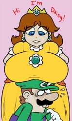 1boy 1girls blue_eyes breast_rest breasts breasts_on_head brown_hair catchphrase female hi_res huge_breasts long_hair looking_down_at_partner luigi male mario_(series) nintendo princess princess_daisy royalty smaller_male text vendant wide_hips