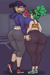 ass ass_grab big_ass big_breasts black_eyes black_hair breasts clown_girl fizzie_(vendant) green_hair hi_res huge_ass huge_breasts large_ass looking_back looking_back_at_viewer multicolored_hair original original_character pantylines ponytail red_eyes thick_thighs underboob vendant wide_hips zoey_(vendant)