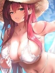 1girls aqua_eyes azur_lane bare_shoulders belly belly_button big_breasts bikini bikini_top blue_eyes blue_sky breasts brown_headwear cleavage cloud collarbone female female_focus female_only hair_between_eyes hat hi_res high_resolution large_penis leaning_forward liaowen light-skinned_female light_skin long_hair looking_at_viewer navel official_alternate_costume only_female red_hair sky solo solo_female solo_focus stomach straw_hat surcouf_(azur_lane) surcouf_(loisirs_balneaires)_(azur_lane) swimsuit teeth teeth_showing white_bikini