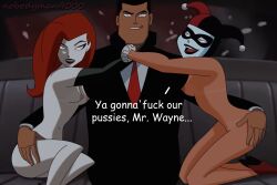 1boy 2girls accurate_art_style batman:_the_animated_series batman_(series) bruce_wayne clothed_male_nude_female dc_comics dcau dialogue edit female harley_quinn harley_quinn_(classic) male nobodyman9000 nude_female poison_ivy poison_ivy_(dcau) the_new_batman_adventures