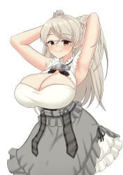 absurdres armpits arms_behind_head arms_up breasts brown_eyes cleavage_cutout clothing_cutout conte_di_cavour_(kantai_collection) corset dress female frilled_dress frills grey_dress grey_hair highres huge_breasts kantai_collection layered_dress long_hair puffywaffles sleeveless sleeveless_dress solo two-tone_dress two_side_up white_dress