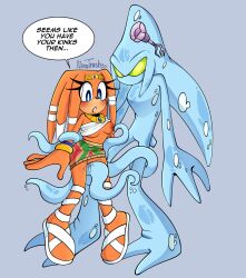 anthro bottomless breast_slip chaos_(sonic) english_text ninotrash sandals skirt sonic_(series) tentacle tikal_the_echidna wet_pussy