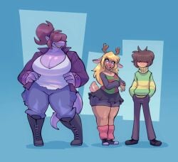 1boy 2girls anthro ass big_ass big_breasts big_hips big_nipples big_thighs bigdad blue_eyes blush breasts cleavage clothing deer deltarune drip female furry gigantic_ass gigantic_breasts hair_over_eyes horn horny hourglass_figure huge_ass huge_breasts huge_hips huge_thighs human kris_(deltarune) large_ass large_breasts larger_female licking_lips lizard male monster noelle_holiday purple_skin scalie size_difference smaller_male susie_(deltarune) tail taller_girl tallsmasisusidelund thick_ass thick_legs thick_thighs undertale undertale_(series) wide_hips