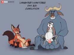 anal anthro balls bodily_fluids canid canine chief_bogo cum cum_inside disney erection female female_penetrated flat_chest fox fur genital_fluids genitals group hi_res inflation judy_hopps lagomorph leporid link6432 male male/female male/male male_penetrated male_penetrating male_penetrating_female mammal nick_wilde nipples nude penetration penis pussy rabbit sex simple_background trio vaginal_penetration zootopia